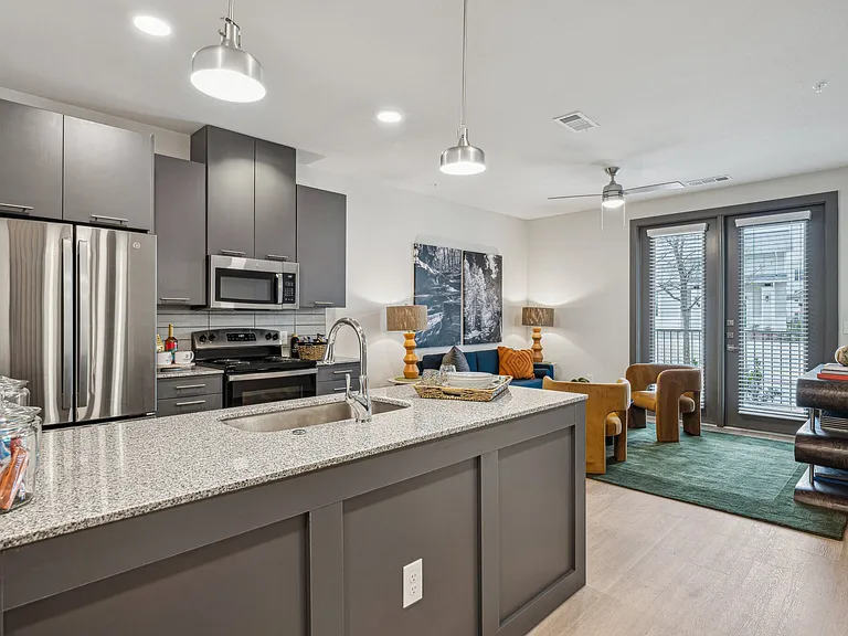 Kitchen and Living Room with Hardwood Floors