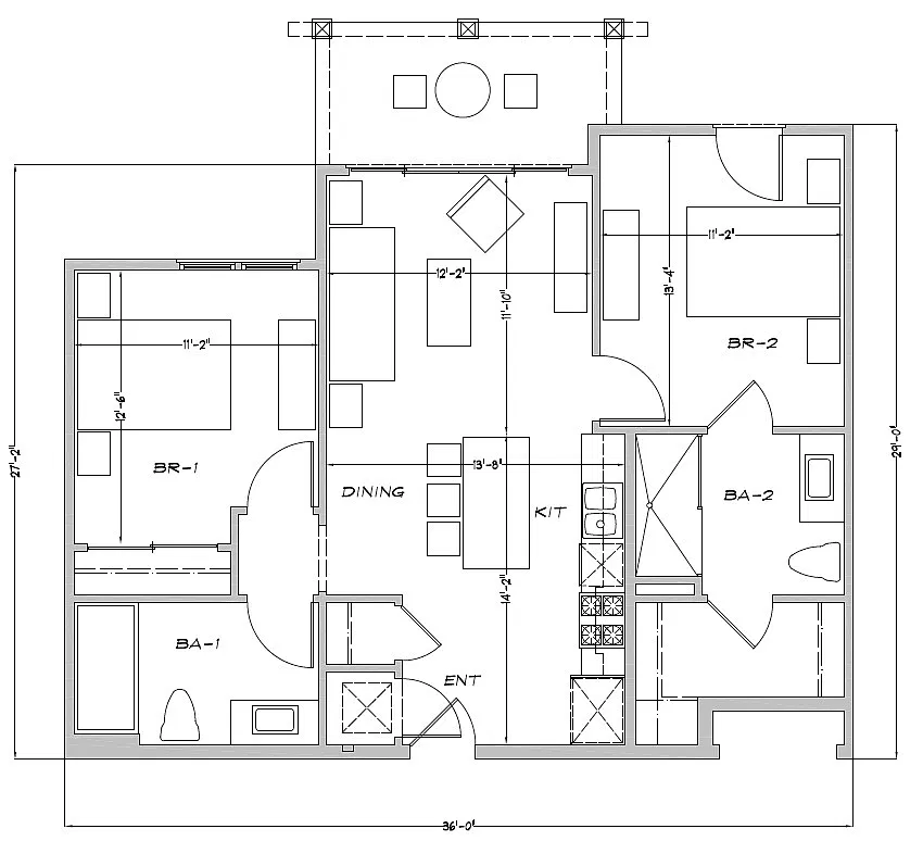 Floor plan 2 Bedroom with Deck