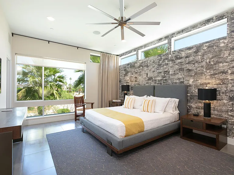 The Valley bedroom on the east side of the house with king bed and view of downtown Palm Springs.