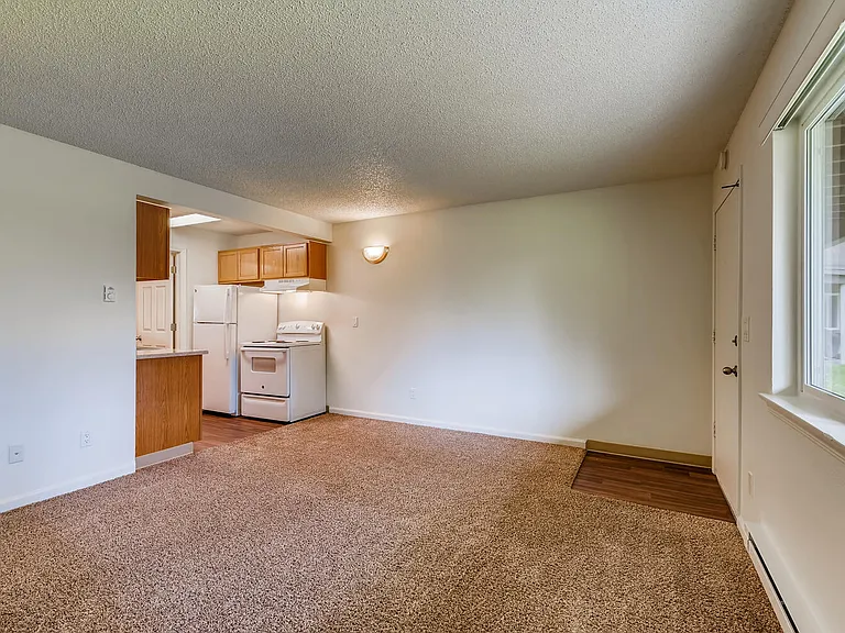 The Living Room and Kitchen in a One Bedroom Apartment at Morningtree Park Apartments