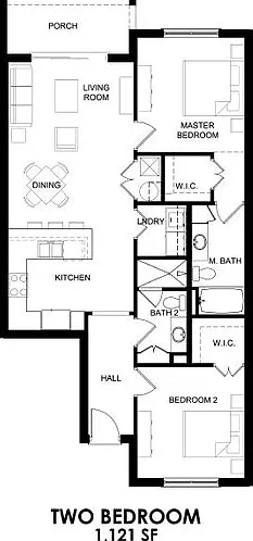 Modern two-bedroom floor plan featuring an open-concept living and dining area, spacious kitchen, and a cozy porch, all within 1,121 square feet. Modern two-bedroom floor plan featuring an open-concept living and dining area, spacious kitchen, and a cozy