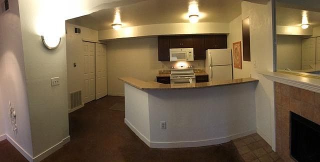 Open living/kitchen area. No carpet! polished concrete flooring.