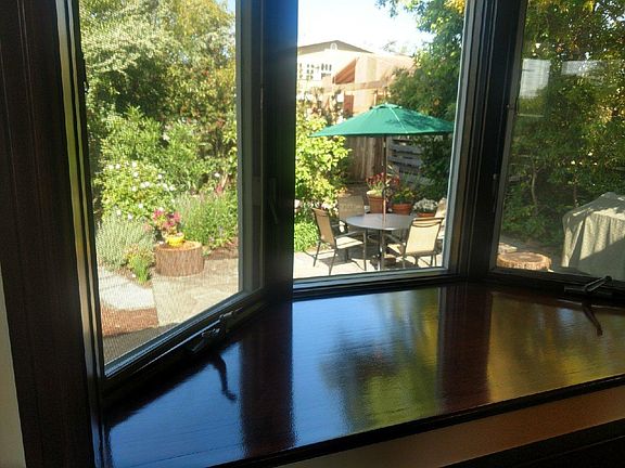 View of back yard from main room bay window.