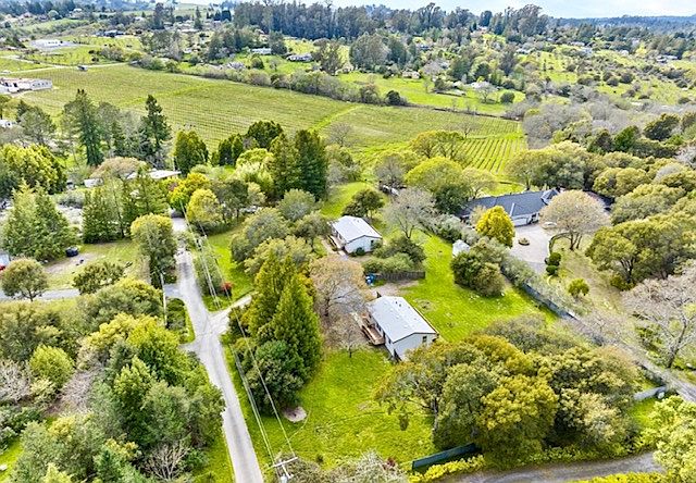 Bird's eyeview of property. Rental first home on the right with large front and back yards