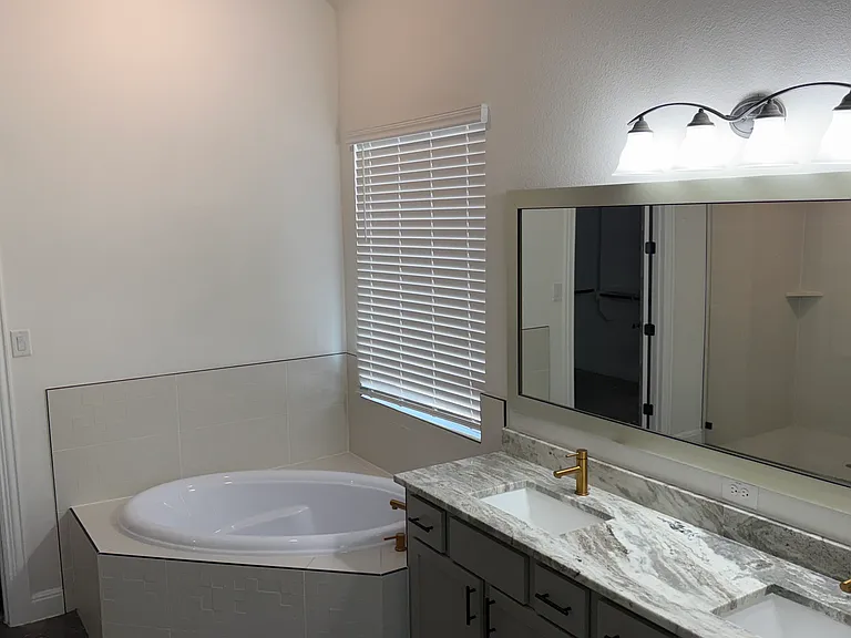 Showing the tub and the vanity in the main bathroom