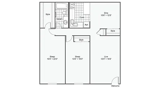 Floor plan 2 Bed 1 Bath C