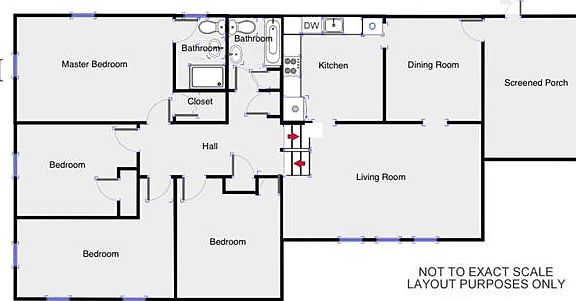 Main floor layout: living & dining rms, & kitchen.