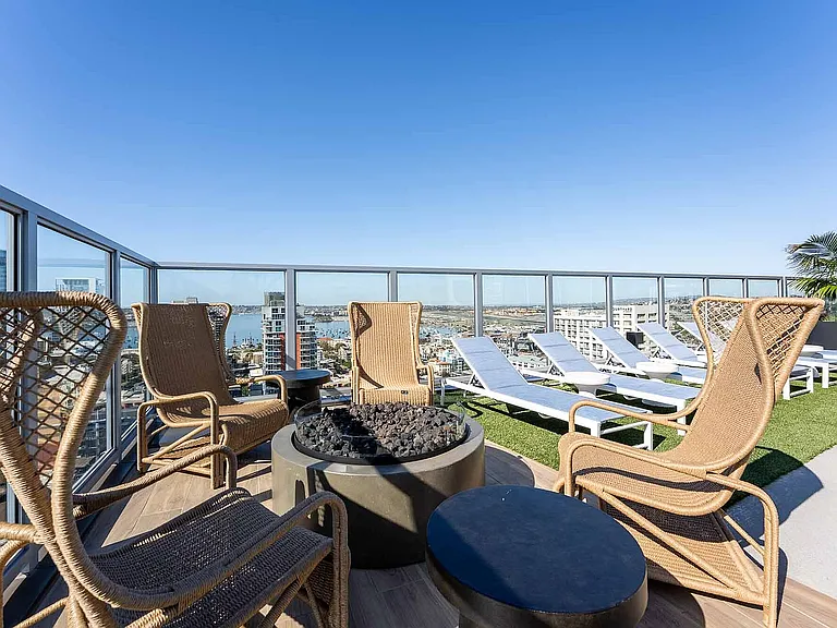 Rooftop Seating with Firepit and San Diego Skyline Views