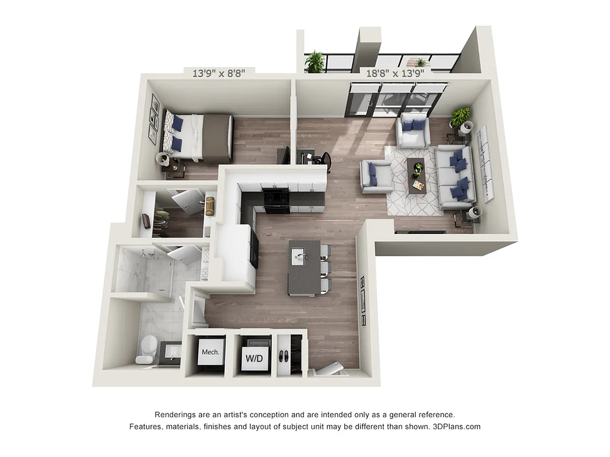 Floor plan One Bedroom One Bath (781 SF)