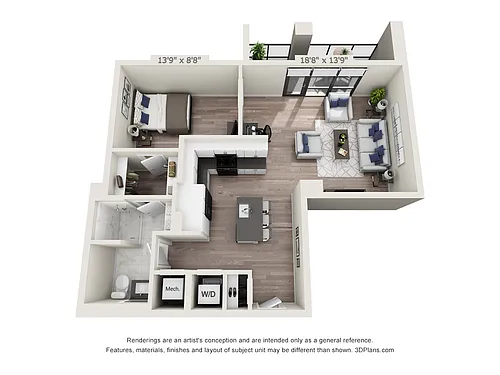Floor plan One Bedroom One Bath (781 SF)