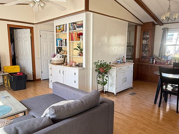Living room on left, dining area on right