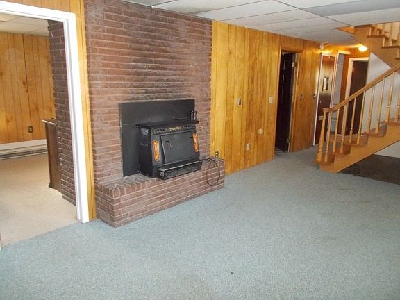 Downstairs family room with wood stove