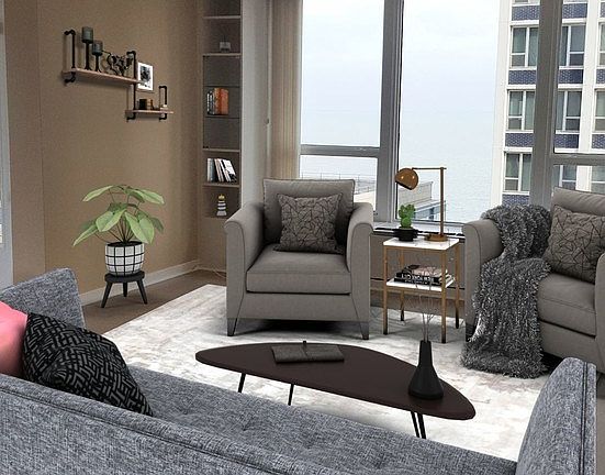 Living room with lake view and built-in shelves.