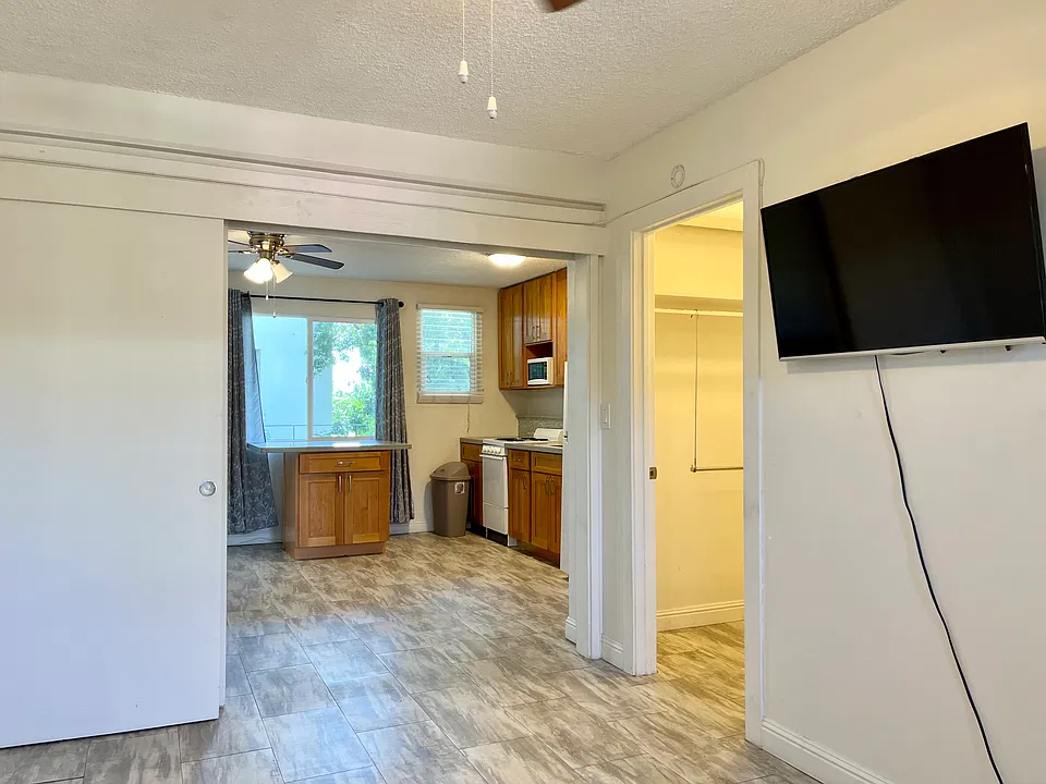 Kitchen & living area from bedroom