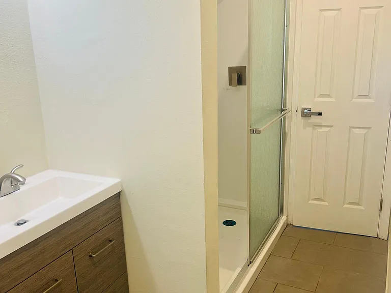 Restroom with stand-up shower