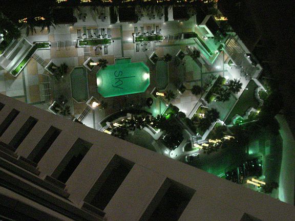View of pool at night