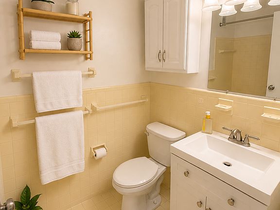 Updated bathroom with new sink, cabinet, and toilet