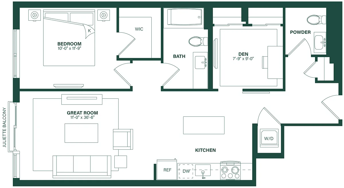 Floor plan 1 Bed/1.5 Bath Den-1Q