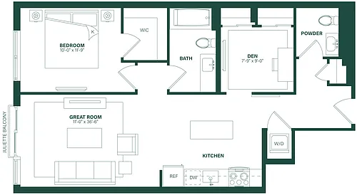 Floor plan 1 Bed/1.5 Bath Den-1Q