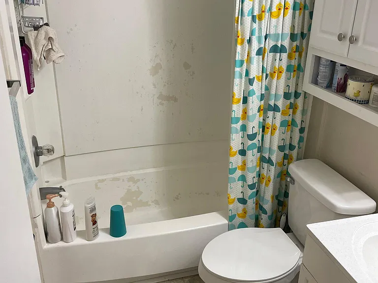 Bath off of hallway across from bedrooms.