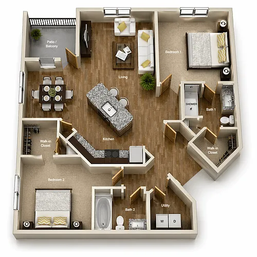 Floor plan B3 - 2Bed/2Bath - Kitchen Island/Dining Area/Balco