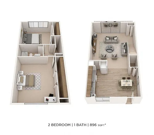 Floor plan Two Bedroom Townhome - 896 sqft