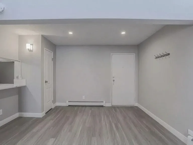 Modern entryway featuring sleek wood flooring, elegant lighting, and a stylish coat rack, exuding a welcoming and contemporary vibe.