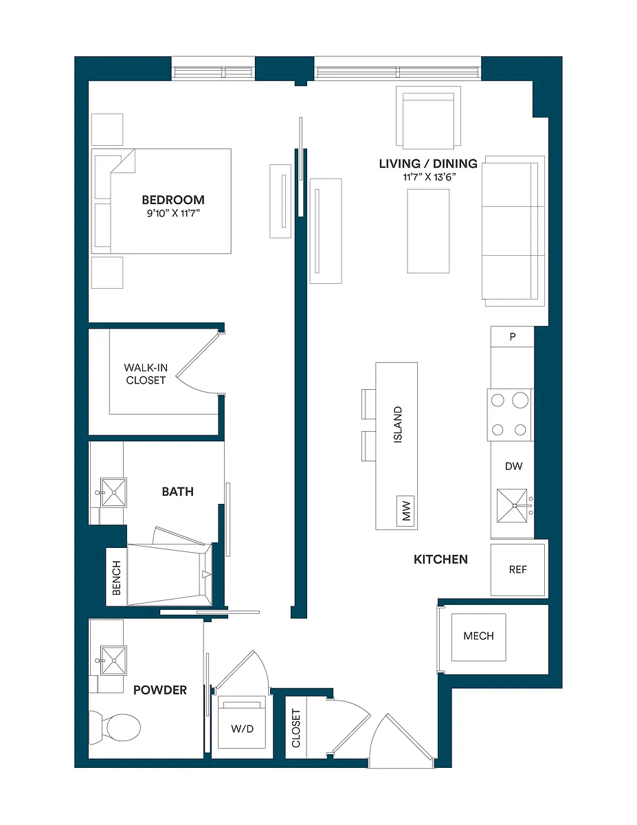 Floor plan 1 Bed/1.25 Bath-E1 TYP 16