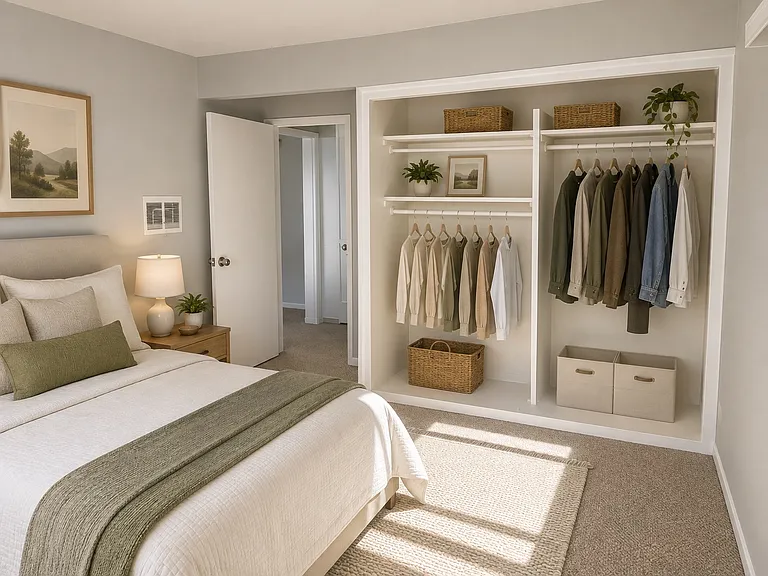Virtually Staged Bedroom with open closet (has white curtain closure)