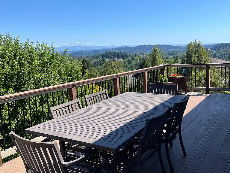 Large deck with view of the Cascades