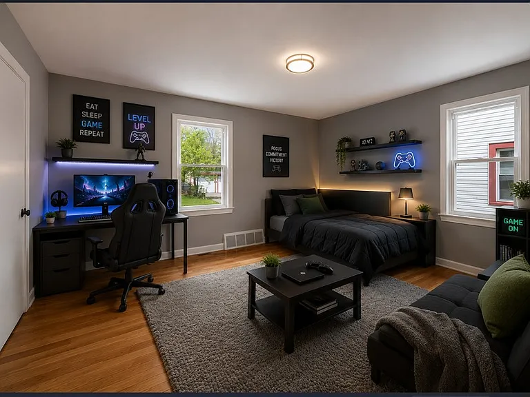 1 of 2 bedrooms downstairs virtually staged