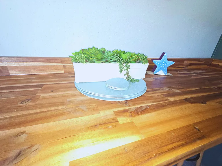 Dining bar with a beautiful centerpiece of plants and a starfish.
