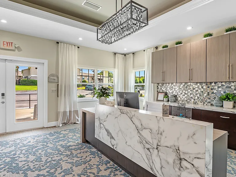 Experience style and grace in our meticulously styled leasing office, offering a panoramic view of our exquisite community.