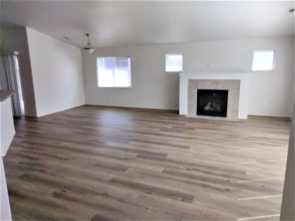 Great room with gas fireplace and dining area to the left. Vinyl laminate flooring