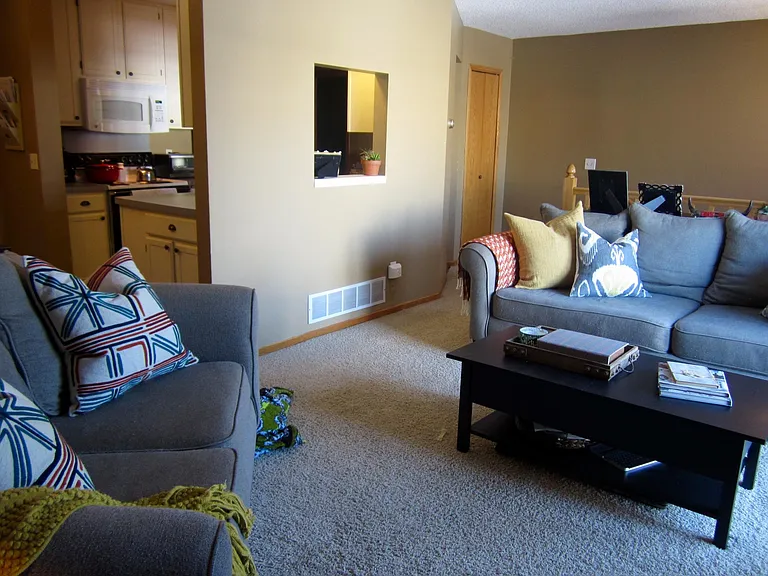 Large living room adjoins to dining room and open kitchen