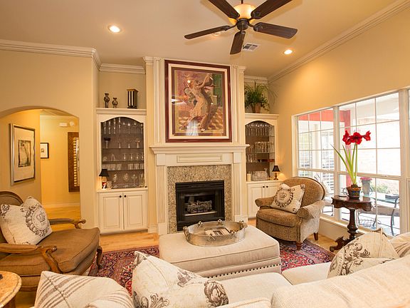 Fireplace and view of patio