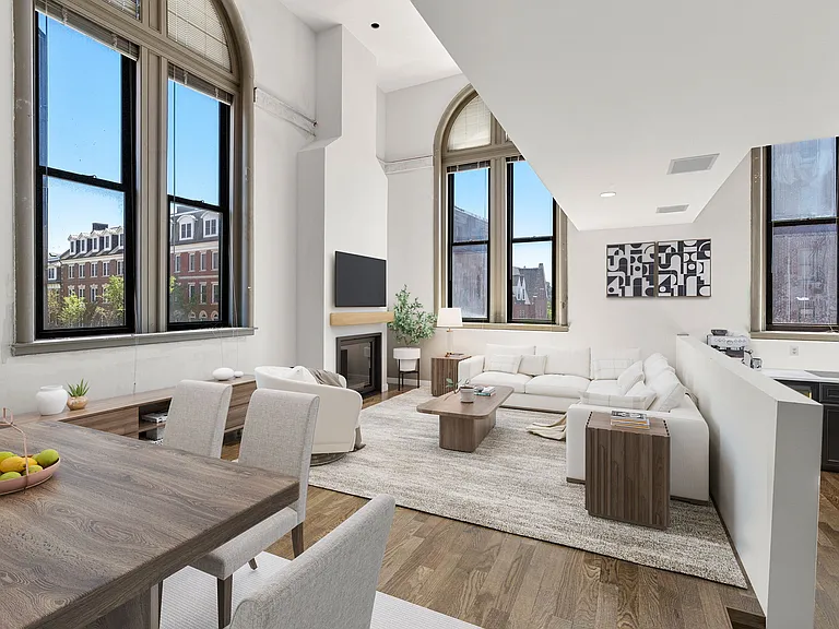 Ground Floor (3rd Floor) Living Room and Dinning Room with 17' soaring windows and Ceilings; 3/4" solid Hickory Flooring, Vaulted and spacious everything