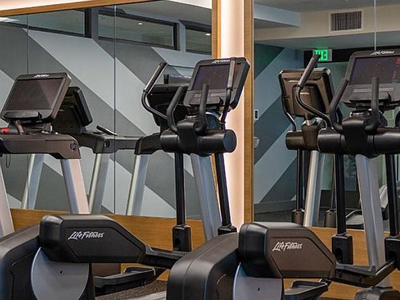 Gym with treadmills, weights, outdoor workout space, bikes, yoga mats, etc.