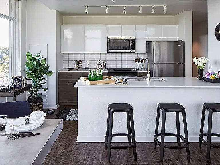Apartment Kitchen with Stainless Steel Appliances, quartz counters and wood floors.