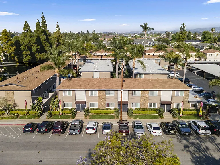 Aerial view of Olive Tree Townhomes in Costa Mesa, CA