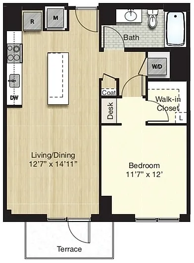 Floor plan Tier 22.0 - 1 Bed/1 Bath w/ Terrace