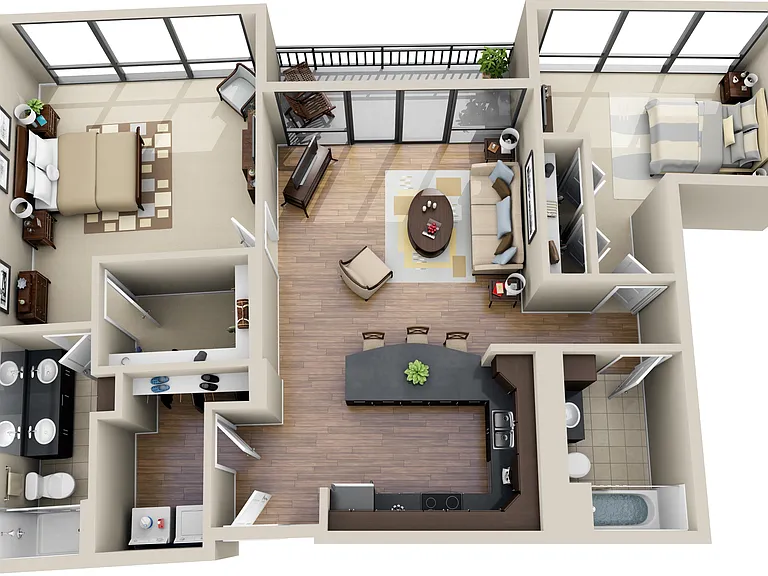 1193-1354 square foot 2 bed 2 bath with luxury vinyl tile floors and private balcony