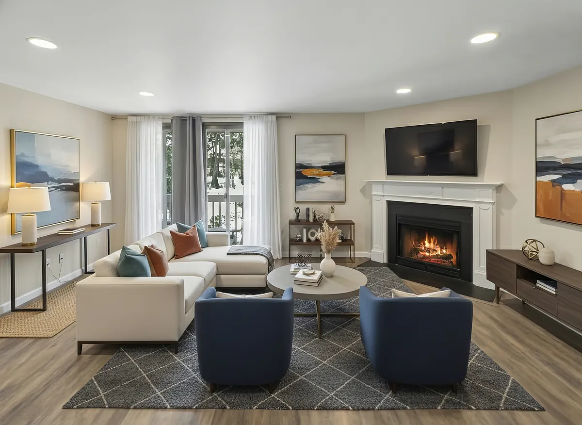 Living Room with WBF and Deck overlooking Garden view - 497 Teal Plz