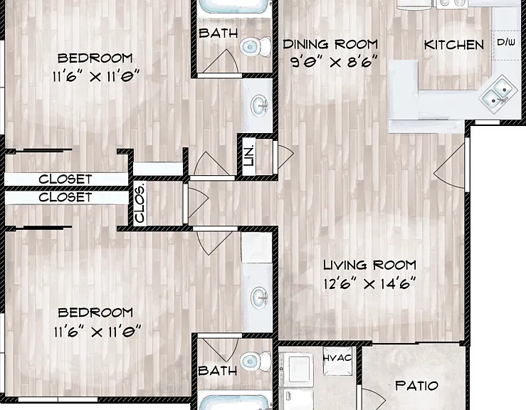 2 Bedroom 2 Bathroom Type A Floorplan Diagram