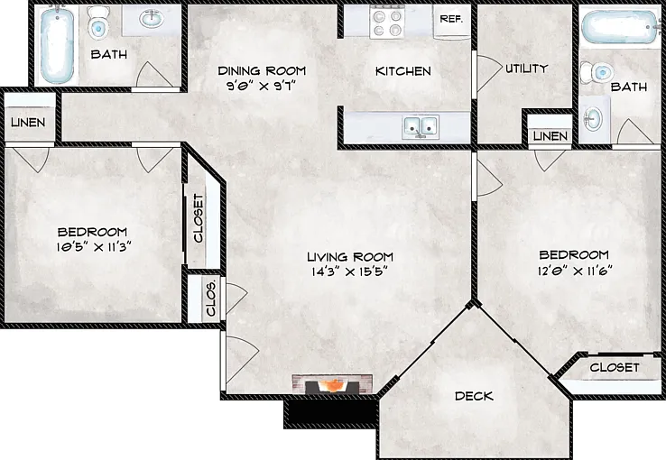 Two Bedroom Two Bath Floorplan Diagram