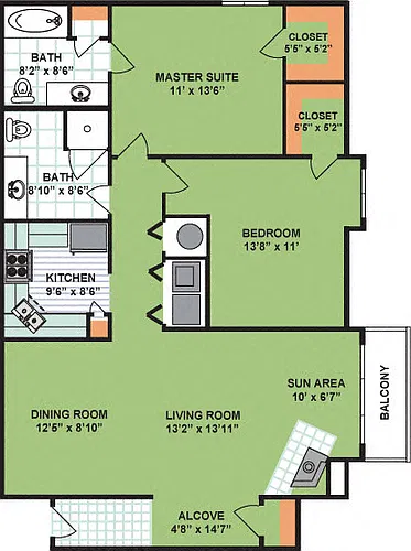 Floor plan Two Bedroom Two Bath (1,250 Square Feet)