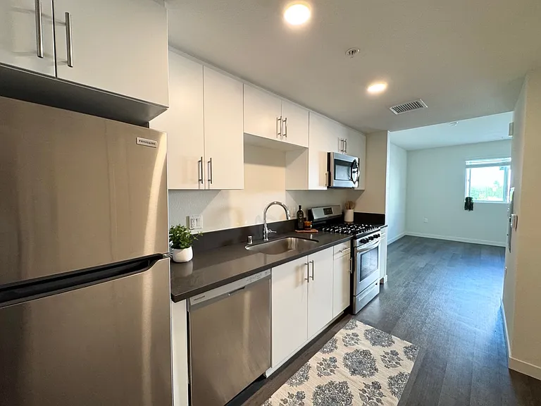 Beuatiful galley kitchen with stainless steel appliances including dishwasher, gas stove, and ice maker!