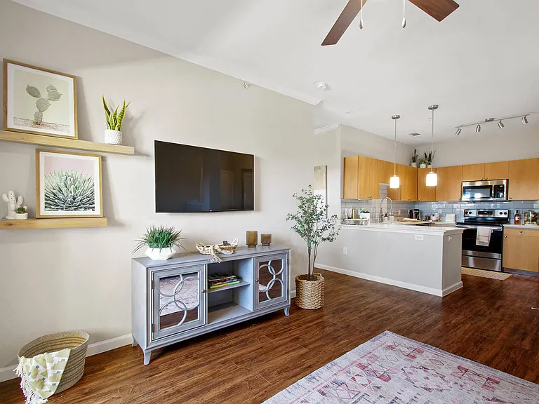 Model - Open Floor Plan from Kitchen to Living Room at Mission Hills Apartments, Texas, 78258