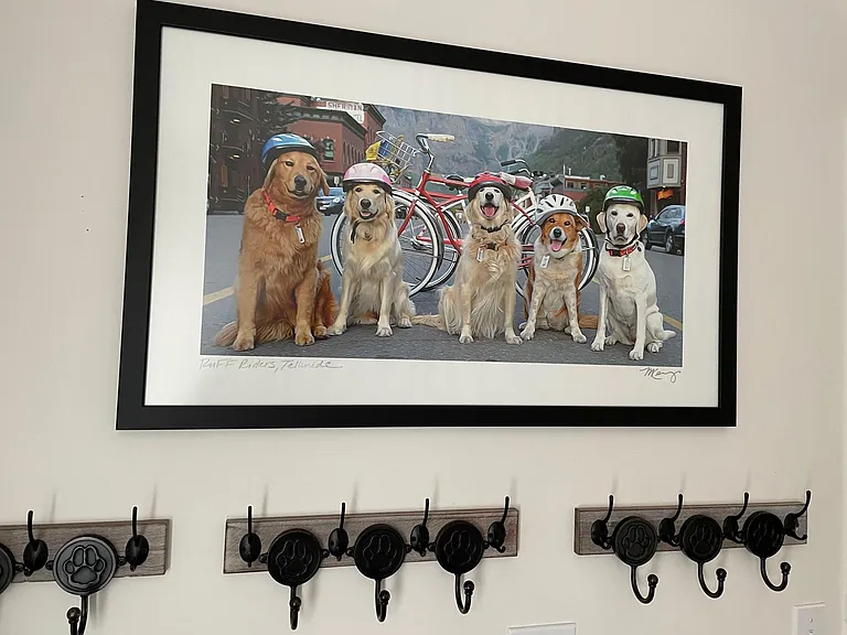 Entryway coatracks and cycling dogs.