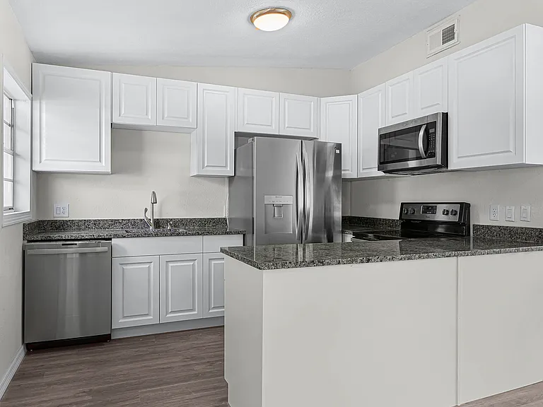 Newly renovated kitchen with granite counters, large fridge freezer, dishwasher, oven and microwave.